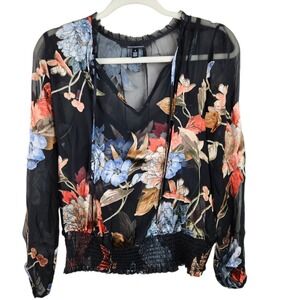 White House Black Market Blouse Top Floral Sheer Black Small S Smocked